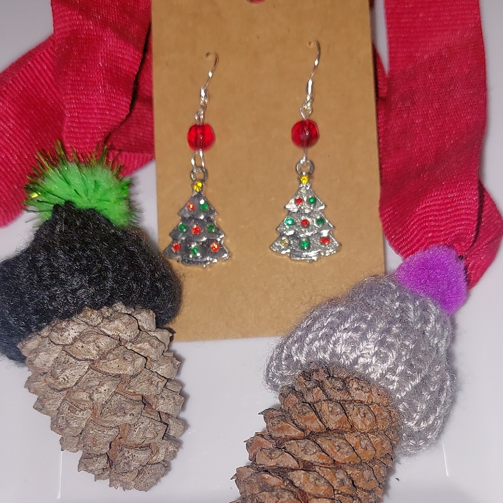 Festive Christmas Tree Earrings with Red Beads.Handmade.Earwires Are 925.